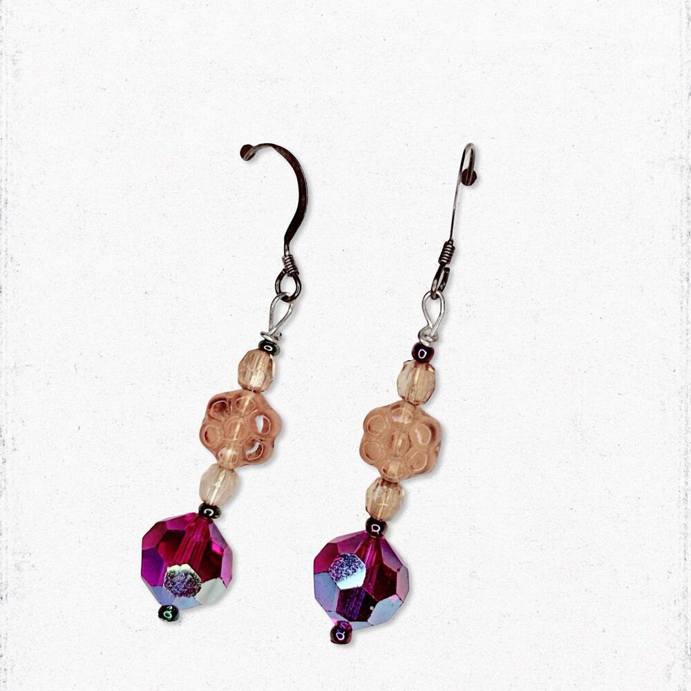 7235. Magenta Aurora Borealis Floral Earrings